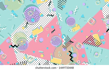 Memphis pattern. Geometric shapes. Hipster style 80s-90s. Color abstract background. Vector Illustration.
