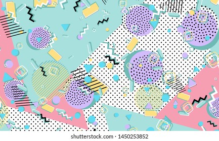 Memphis pattern. Geometric shapes. Hipster style 80s-90s. Color abstract background. Vector Illustration.