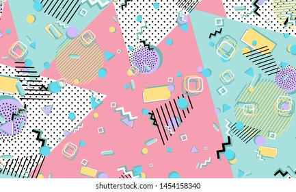 Memphis pattern. Geometric shapes. Hipster style 80s-90s. Color abstract background. Vector Illustration.