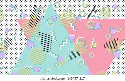 Memphis pattern. Geometric shapes. Hipster style 80s-90s. Color abstract background. Vector Illustration.