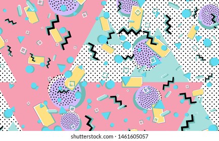 Memphis pattern. Geometric shapes. Hipster style 80s-90s. Color abstract background. Vector Illustration.