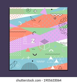 Patrón Memphis de formas geométricas para servilletas y tarjetas. Vector de material.Cartel hipster, fondo jugoso, de colores vivos.