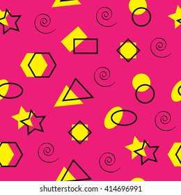 Memphis pattern of geometric shapes. Seamless pink and yellow background