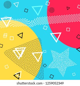 Memphis pattern of geometric shapes for tissue and postcards. Vector Illustration. Hipster style. Abstract colorful funky background.