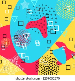 Memphis pattern of geometric shapes for tissue and postcards. Vector Illustration. Hipster style. Abstract colorful funky background.