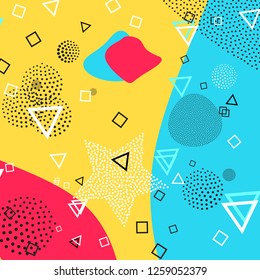 Memphis pattern of geometric shapes for tissue and postcards. Vector Illustration. Hipster style. Abstract colorful funky background.