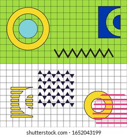 Memphis pattern of geometric shapes for tissue and postcards. Hipster poster, juicy, bright color background.