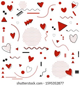 Memphis pattern for Happy Valentine's Day celebration with symbols in retro 80s, 90s memphis style. Vector illustration