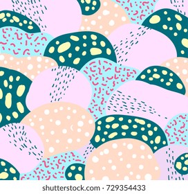 Memphis pattern. Marker, brush stroke. Children, kids sketch drawing. Abstract background. Vector artwork. Contemporary, modern, trendy print. Green, blue, beige, pink, red colors