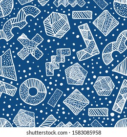 Memphis pattern Minimal geometric seamless background Hand drawn elements Doodle Art Illustration Classic Blue Color