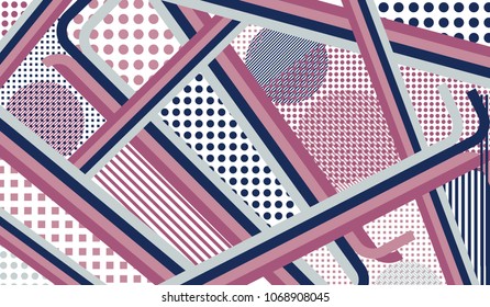Memphis pattern. Modern background with color lines and different elements for banner or mobile application. Pop-Art Style. Vintage Background with Color Elements in Disco Style. Vector Texture.