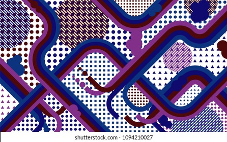 Memphis pattern. Modern background with color lines and different elements for card or flyer. Pop-Art Style. Vintage Background with Color Elements in Disco Style. Vector Texture.