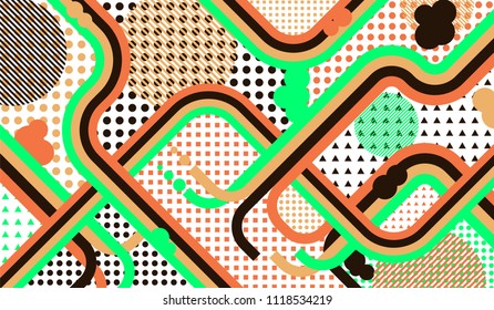 Memphis pattern. Modern background with color lines and different elements for card or flyer. Pop-Art Style. Vintage Background with Color Elements in Disco Style. Vector Texture.