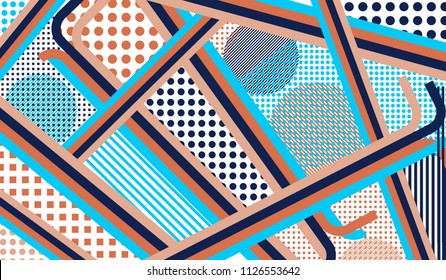 Memphis pattern. Modern background with color lines and different elements for paper or print. Pop-Art Style. Vintage Background with Color Elements in Disco Style. Vector Texture.