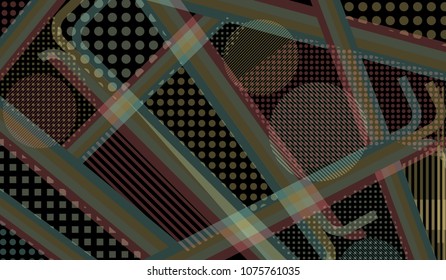 Memphis pattern. Modern pattern with color strips and different elements for paper or print. Retro-Fututristic Background with Color Elements in Disco Style. Vector Texture.