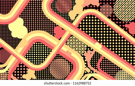 Memphis pattern. Modern pattern with color strips and different elements for banner or mobile application. Retro-Fututristic Background with Color Elements in Disco Style. Vector Texture.