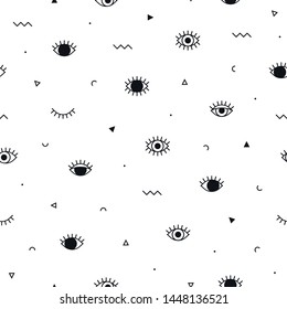 Memphis pattern with psychedelic eyes and geometric shapes. Fashion background in 90s 80s style. Linear design. Triangle, zigzag, graphic elements, open and closed eyes. Line art in black and white.