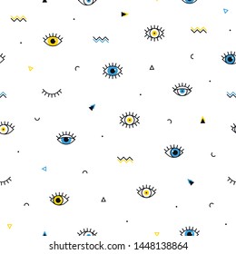 Memphis pattern with psychedelic eyes and geometric shapes. Fashion background in 90s 80s style. Linear design. Triangle, zigzag, open eyes and other graphic elements. Line art.