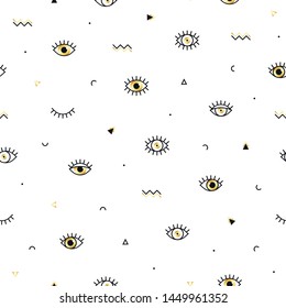 Memphis pattern with psychedelic eyes and geometric shapes. Fashion background in 90s 80s style. Golden linear design. Triangle, zigzag, open eyes and other graphic elements. Line art.