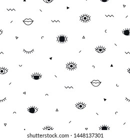 Memphis pattern with psychedelic eyes, lips and geometric shapes. Fashion background in 90s 80s style. Linear design. Triangle, zigzag, graphic elements, open eyes. Line art in black and white.