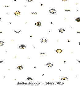 Memphis pattern with psychedelic eyes, lips and geometric shapes. Fashion background in 90s 80s style. Golden linear design. Triangle, zigzag, open eyes, crown and other graphic elements. Line art.