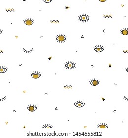 Memphis pattern with psychedelic golden eyes and geometric shapes. Fashion background in 90s 80s style. Gold linear design. Triangle, zigzag, open eyes and other graphic elements. Line art.