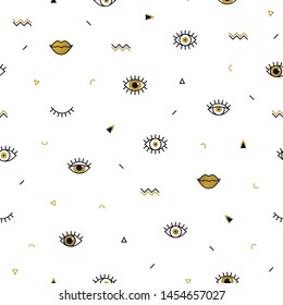 Memphis pattern with psychedelic golden eyes, lips and geometric shapes. Fashion background in 90s 80s style. Gold linear design. Triangle, zigzag, open eyes and other graphic elements. Line art.