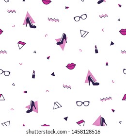 Memphis pattern with purple high heel shoes, pink lips, sunglasses and geometric shapes. Fashion background in 90s 80s style. Triangle, zigzag and other graphic elements. Linear design.