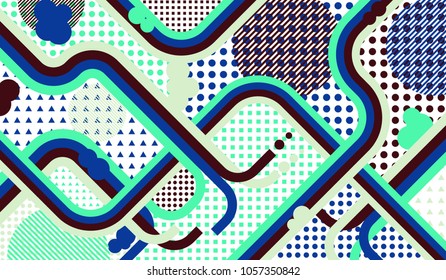 Memphis pattern. Retro background with color lines and different elements for card or flyer. Pop-Art Style. Vintage Background with Color Elements in Disco Style. Vector Texture.