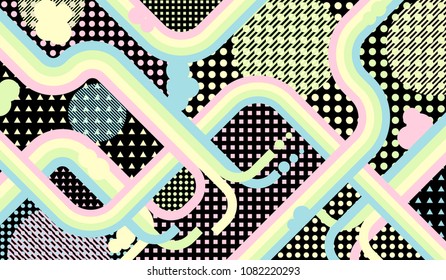 Memphis pattern. Retro background with color lines and different elements for card or flyer. Retro-Fututristic Background with Color Elements in Disco Style. Vector Texture.