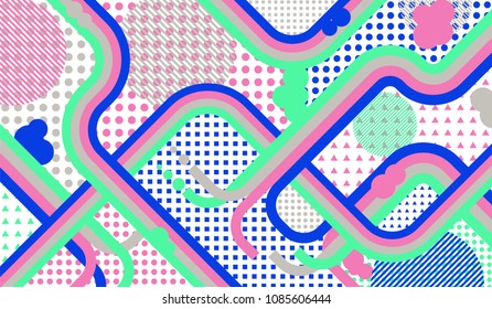 Memphis pattern. Retro background with color lines and different elements for textile or wallpaper. Retro Pattern with Color Elements for your Design. Vector Texture.