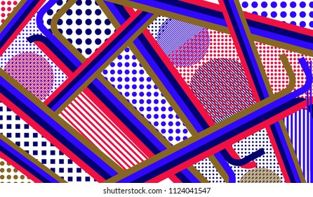Memphis pattern. Retro background with color lines and different elements for textile or wallpaper. Retro Pattern with Color Elements for your Design. Vector Texture.