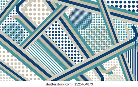 Memphis pattern. Retro background with color lines and different elements for textile or wallpaper. Pop-Art Style. Vintage Background with Color Elements in Disco Style. Vector Texture.
