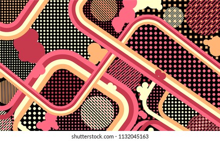 Memphis pattern. Retro background with color lines and different elements for paper or print. Pop-Art Style. Vintage Background with Color Elements in Disco Style. Vector Texture.