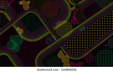 Memphis pattern. Retro background with color lines and different elements for textile or wallpaper. Pop-Art Style. Vintage Background with Color Elements in Disco Style. Vector Texture.