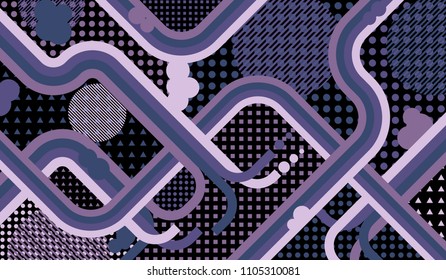 Memphis pattern. Retro pattern with color strips and different elements for textile or wallpaper. Retro-Fututristic Background with Color Elements in Disco Style. Vector Texture.