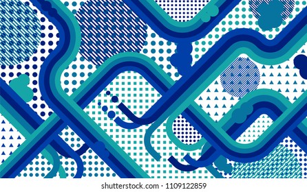 Memphis pattern. Retro pattern with color strips and different elements for card or flyer. Pop-Art Style. Vintage Background with Color Elements in Disco Style. Vector Texture.
