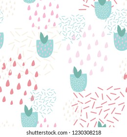 Memphis pattern in soft color palette. Strawberry and organic shapes