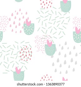 Memphis pattern in soft color palette. Strawberry and organic shapes 