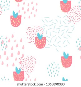 Memphis pattern in soft color palette. Strawberry and organic shapes 