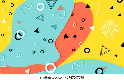 Memphis Pattern. Summer Fun Background. Coral, Blue, Yellow Colors. Memphis Style Patterns. Abstract Colorful Fun Background. Hipster Style 80s-90s. Fun pattern.