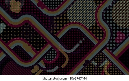 Memphis pattern. Trendy background with color lines and different elements for card or flyer. Pop-Art Style. Vintage Background with Color Elements in Disco Style. Vector Texture.