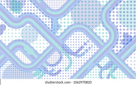 Memphis pattern. Trendy background with color lines and different elements for textile or wallpaper. Retro-Fututristic Background with Color Elements in Disco Style. Vector Texture.