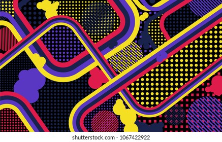 Memphis pattern. Trendy background with color lines and different elements for textile or wallpaper. Pop-Art Style. Vintage Background with Color Elements in Disco Style. Vector Texture.