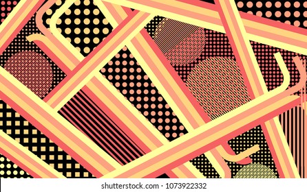 Memphis pattern. Trendy background with color lines and different elements for banner or mobile application. Pop-Art Style. Vintage Background with Color Elements in Disco Style. Vector Texture.