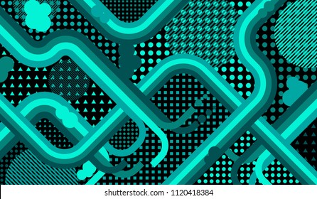 Memphis pattern. Trendy background with color lines and different elements for textile or wallpaper. Retro-Fututristic Background with Color Elements in Disco Style. Vector Texture.