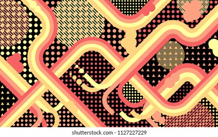 Memphis pattern. Trendy background with color lines and different elements for banner or mobile application. Retro Pattern with Color Elements for your Design. Vector Texture.