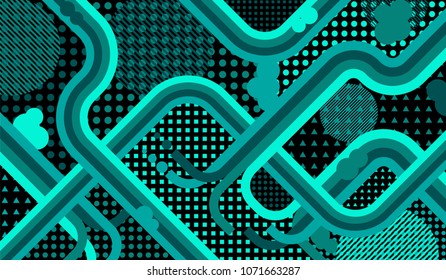 Memphis pattern. Trendy pattern with color strips and different elements for banner or mobile application. Retro-Fututristic Background with Color Elements in Disco Style. Vector Texture.