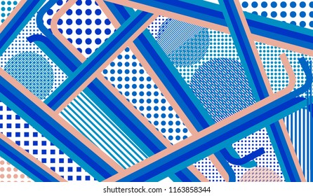 Memphis pattern. Trendy pattern with color strips and different elements for card or flyer. Pop-Art Style. Vintage Background with Color Elements in Disco Style. Vector Texture.