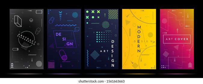 Memphis pattern. Vibrant vector illustration. Black and color gradient background set. Element for design business cards, party invitations, social media stories template, discount voucher, flyers. 